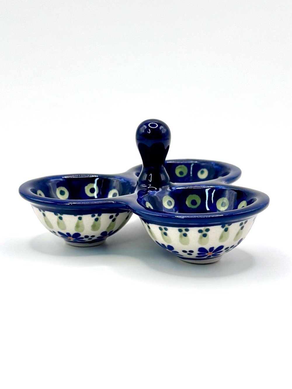 Polish Pottery Triple Condiment Dish Bowl Ceramic Peacock Leaves Spices Nuts 5”